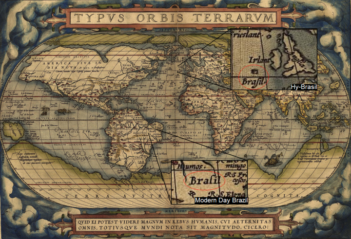 Tọa độ của Hy-Brasil trên bản đồ cổ (ô vuông trên).