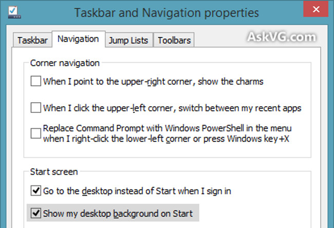 Thiết lập ảnh nền Desktop làm ảnh nền màn hình Start Screen trên Windows 8.1
