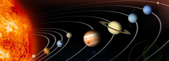 Các hành tinh trong hệ mặt trời được mô tả bởi một hình minh hoạ trên máy tính NASA, không hiển thị quỹ đạo và kích thước