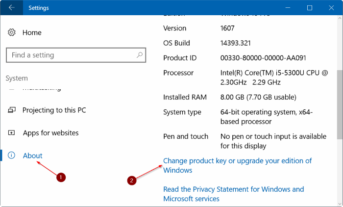 Click chọn link Change product key or upgrade your edition of Windows 