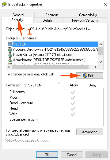 Trên cửa sổ Properties, chuyển qua tab Security rồi click tìm Edit