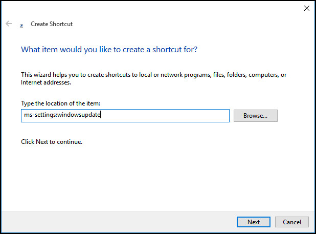Hướng dẫn tạo shortcut Windows Update trên Windows 10