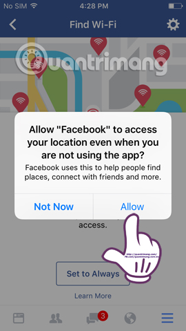 Cho phép Facebook truy cập vị trí  Find WiFi Facebook