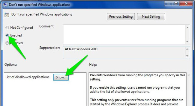 Trên cửa sổ Don’t run specified Windows applications