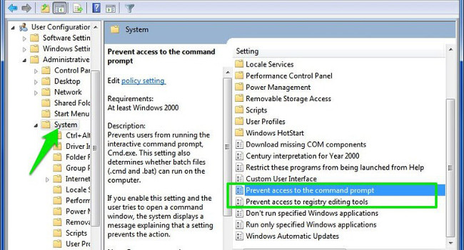 Tại đây bạn tìm và kích đúp chuột vào các tùy chọn có tên "Prevent access to the command prompt" và "Prevent access to registry editing tools