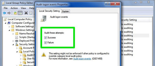 Audit logon events Properties