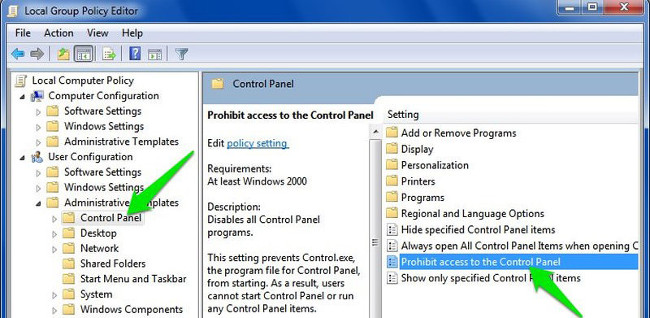 Chặn quyền truy cập Control Panel