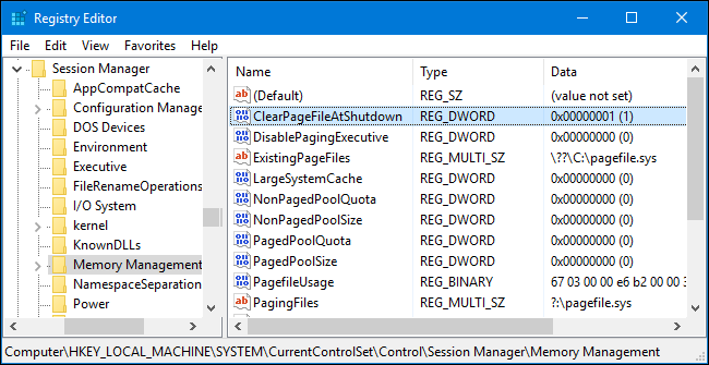 Nếu ClearPageFileAtShutdown được thiết lập là 1, bạn có thể ngăn Windows xóa page file