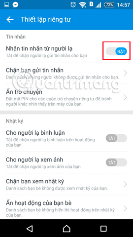 Chặn tin nhắn từ người lạ trên Zalo