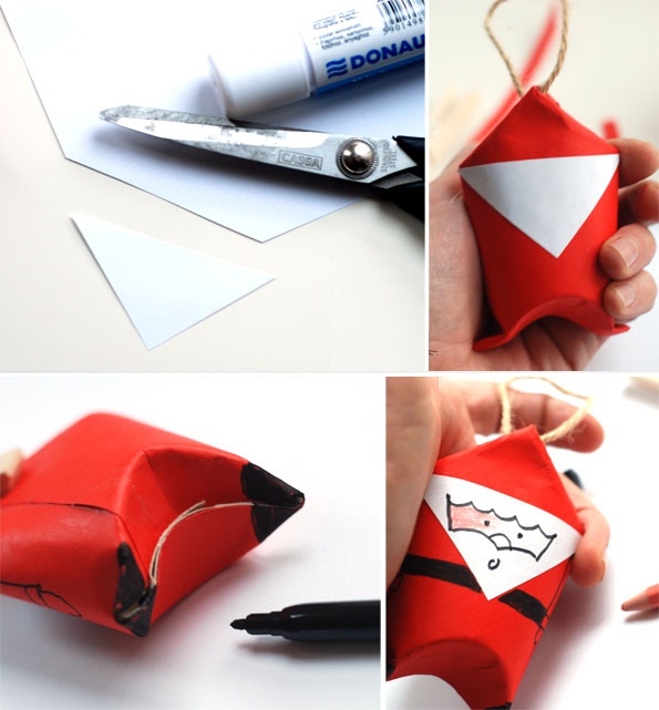 You cut an equilateral triangle of white paper and then use a marker to draw Santa's face.