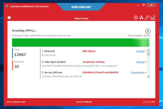 Zemana AntiMalware sẽ bắt đầu quét máy tính của bạn để tìm các file độc hại