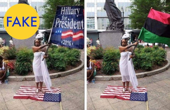 Đây có phải người phụ nữ đứng trên lá cờ Mỹ đang cầm lá cờ "Hillary for President 2016"