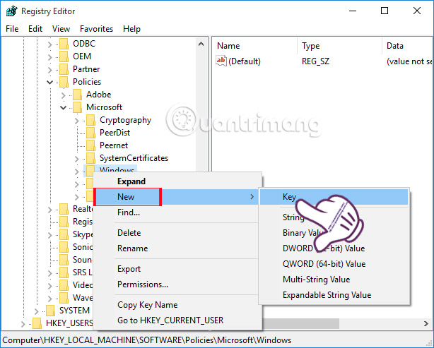 Tạo khóa mới trong Windows  Giảm lag, giật chơi game trên Windows 10
