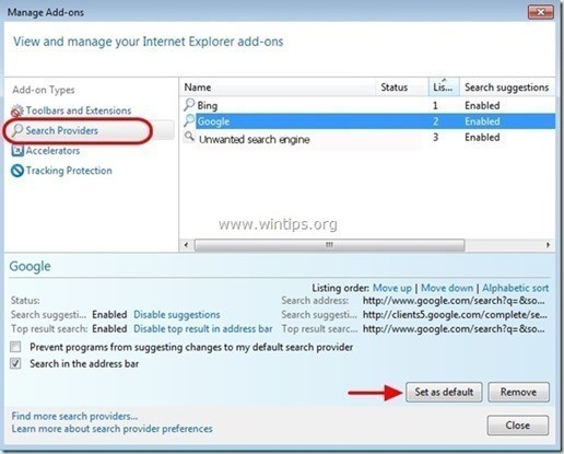 Tại tùy chọn Search Providers