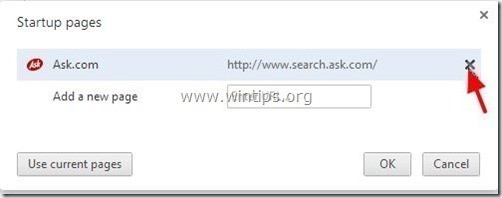  Xóa "home.tb.ask.com" từ mục Startup pages
