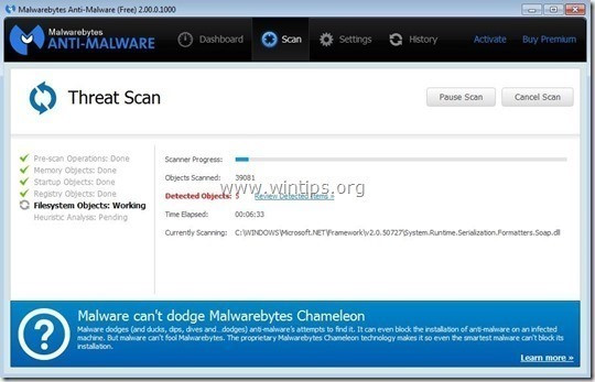 Chờ Malwarebytes Anti-Malware hoàn tất quá trình quét trên hệ thống