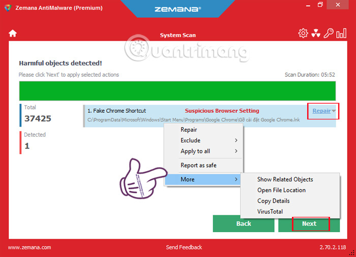 Các tùy chọn xử lý mối nguy hiểm Zemana AntiMalware