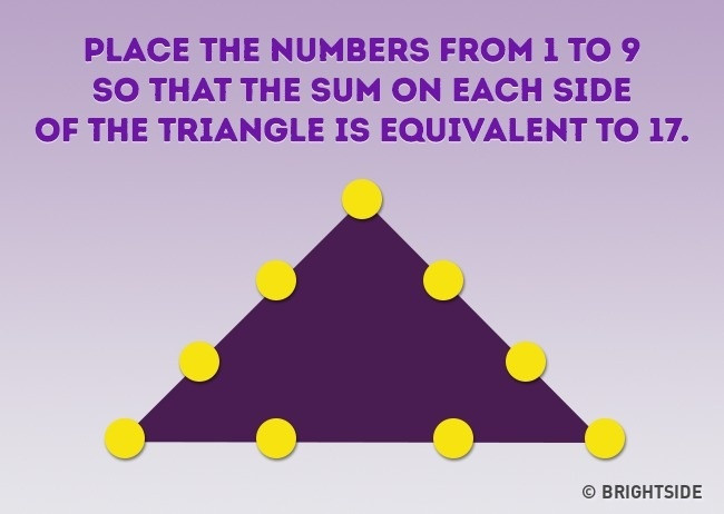 Hãy điền các số từ 1 đến 9 sao cho tổng mỗi cạnh của tam giác là 17