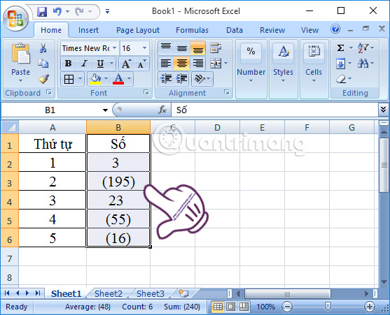 Đóng dấu ngoặc số âm trong Excel