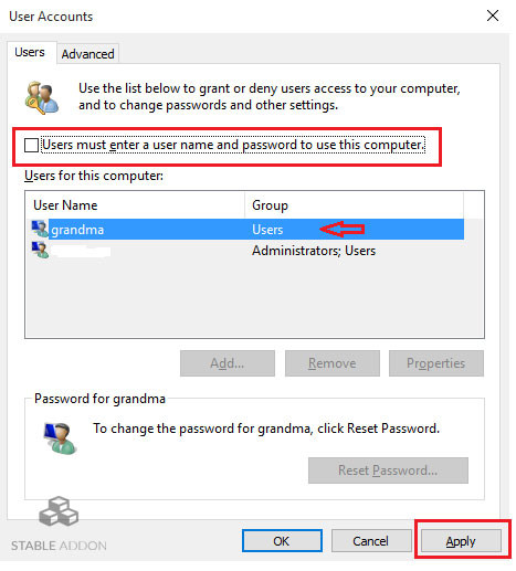 Bỏ tích Users must enter a user name and password to use this computer