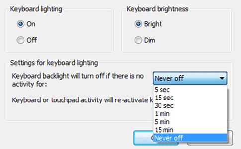 Tìm cài đặt Keyboard Illumination