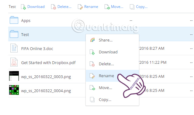Chọn Rename  Đổi tên file, thư mục trên Dropbox