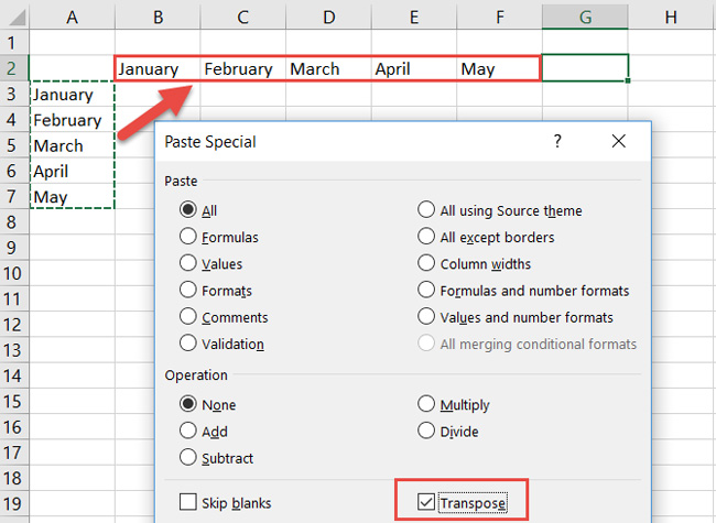Chuyển hàng thành cột trong Excel