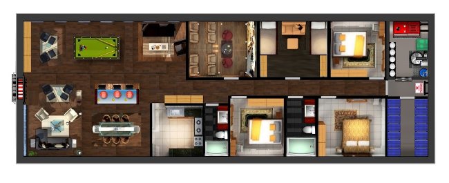 Trong bản vẽ này, chúng ta có thể thấy chúng gồm 3 phòng ngủ, một nhà bếp, một phòng khách, một phòng để quần áo và một rạp hát tại gia.