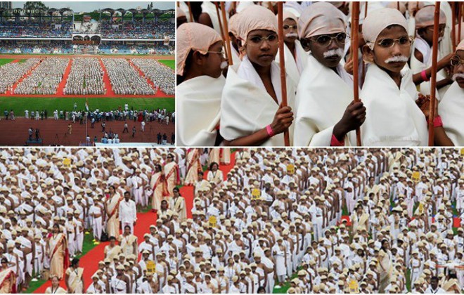 4.605 người đã ăn mặc như Mahatma Gandhi, vị anh hùng dân tộc Ấn Độ để tham gia lễ kỷ niệm 146 năm ngày sinh của ông 4.605 người đã ăn mặc như Mahatma Gandhi, vị anh hùng dân tộc Ấn Độ để tham gia lễ kỷ niệm 146 năm ngày sinh của ông