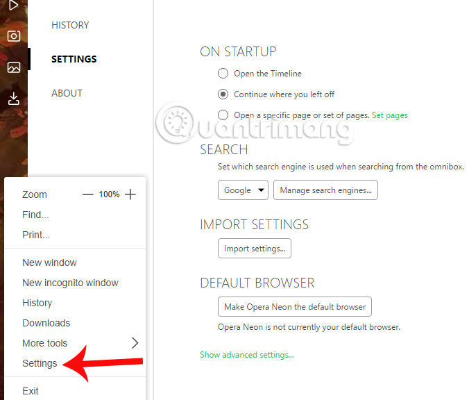 Thiết lập cài đặt cho Opera Neon Thiết lập cài đặt cho Opera Neon