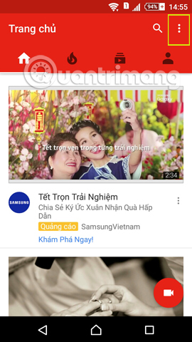 Nhấn tùy chọn trên ứng dụng Youtube Nhấn tùy chọn trên ứng dụng Youtube