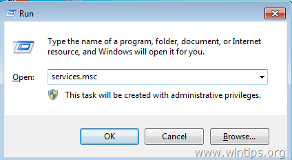 Nhập services.msc vào cửa sổ Run