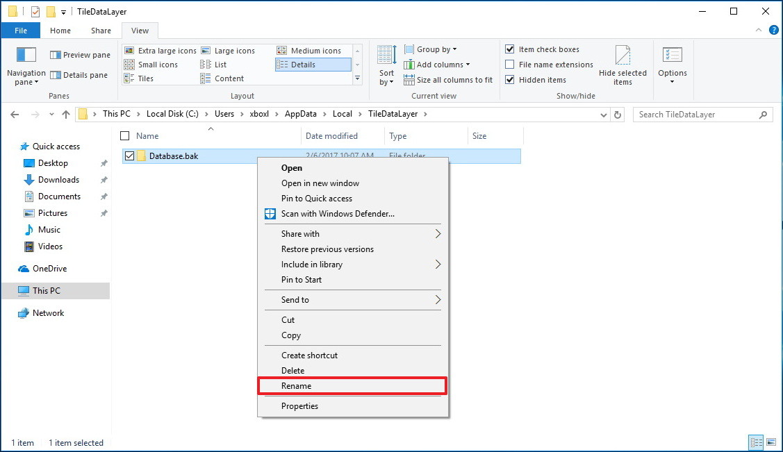 Đổi tên thư mục là Database.bak Đổi tên thư mục là Database.bak