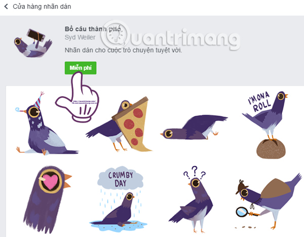Cách tải sticker Chú chim màu tím ngộ nghĩnh trên Facebook