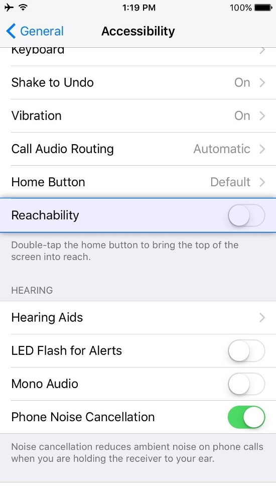 Tắt tính năng Reachability