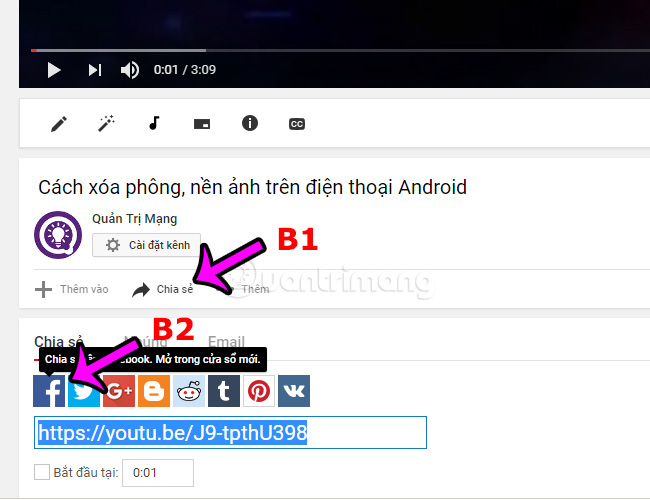 Bấm vào phần Chia sẻ > Facebook ở dưới video Chọn menu Chia sẻ > Facebook