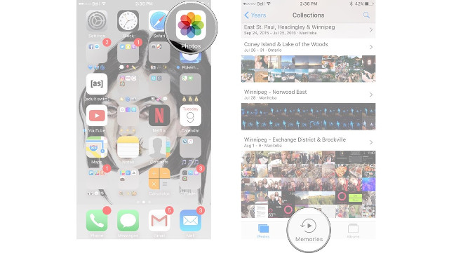 Chọn mục Memories bên dưới thanh công cụ bên dưới màn hình Chọn mục Memories bên dưới thanh công cụ bên dưới màn hình