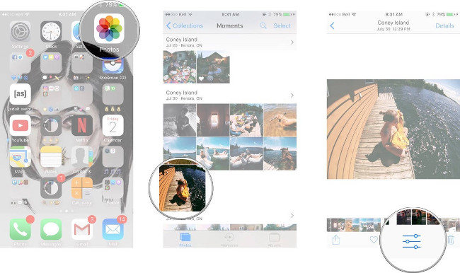 Vào Photos, chọn ảnh, chọn biểu tượng như trong hình