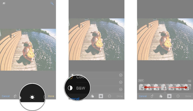 Chọn biểu tượng như trong hình, chọn B&W, kéo thanh nhỏ để chỉnh