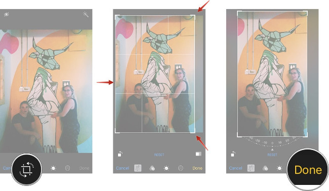 Nhấn vào công cụ cắt, cắt theo ý muốn, nhấn Done