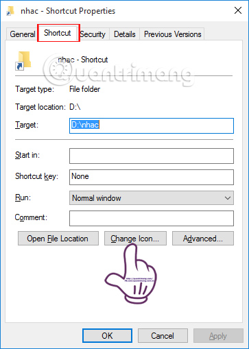 Chọn Change icon cho shortcut