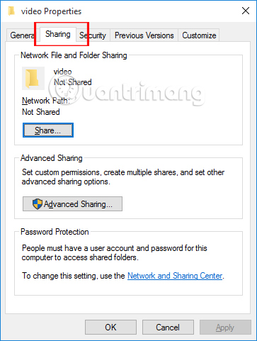 Cách kích hoạt tab Sharing thư mục trên Windows 10