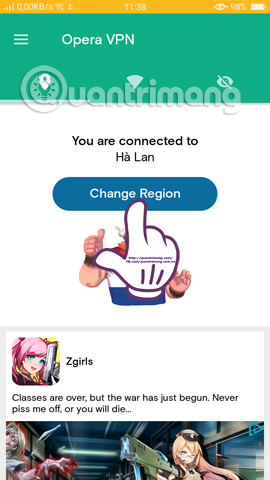 Khu vực kết nối trên Opera Free VPN