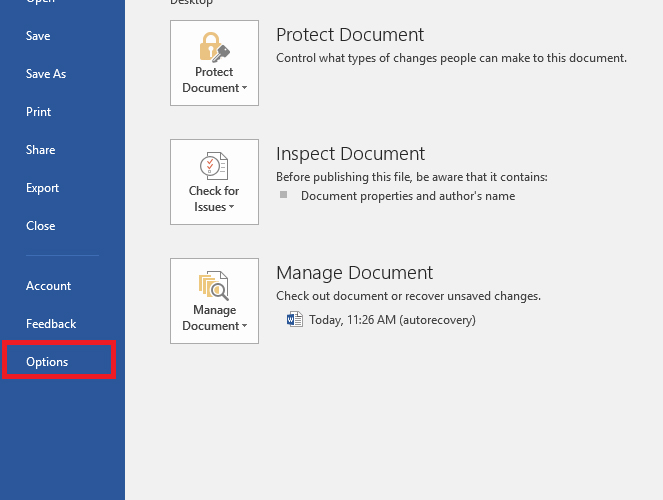 Nhấn chọn tab Options Word 2016