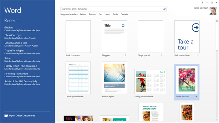 Giao diện Start Word 2016