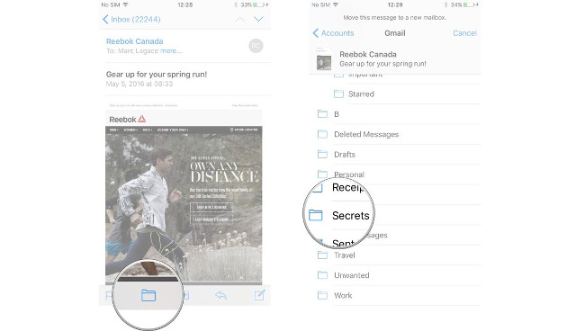 Nhấn vào biểu tượng có hình folder trong email sau đó chuyển như bình thường Nhấn vào biểu tượng có hình folder trong email sau đó chuyển như bình thường