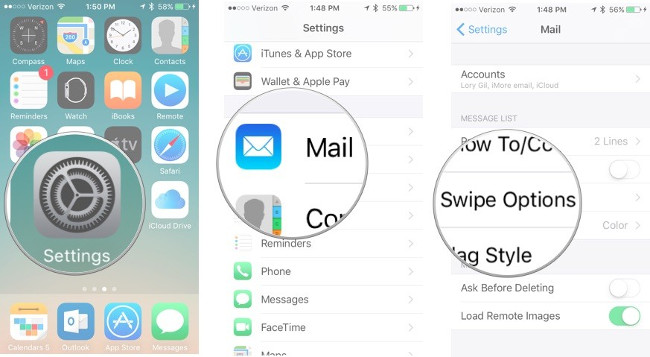 Vào Settings > Mail > Swipe Options Vào Settings > Mail > Swipe Options