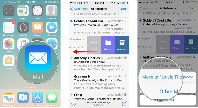 Vào Mail, kéo sang trái email muốn di chuyển, chọn Move Vào Mail, kéo sang trái email muốn di chuyển, chọn Move