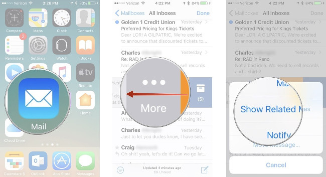 Vào Mail, vuốt sang trái email muốn chuyển, chọn More, chọn Show Related Messages Vào Mail, vuốt sang trái email muốn chuyển, chọn More, chọn Show Related Messages