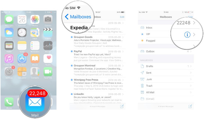 Vào Mail, nhấn Mailboxes, chọn biểu tượng i Vào Mail, nhấn Mailboxes, chọn biểu tượng i